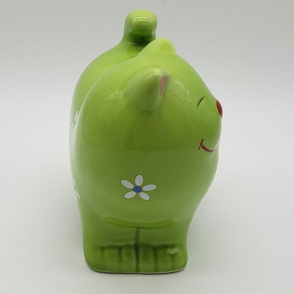 Lime Green Cat Shaped Applied White Blue Flowers Ceramic Piggy Bank with Stopper - Picture 6 of 13
